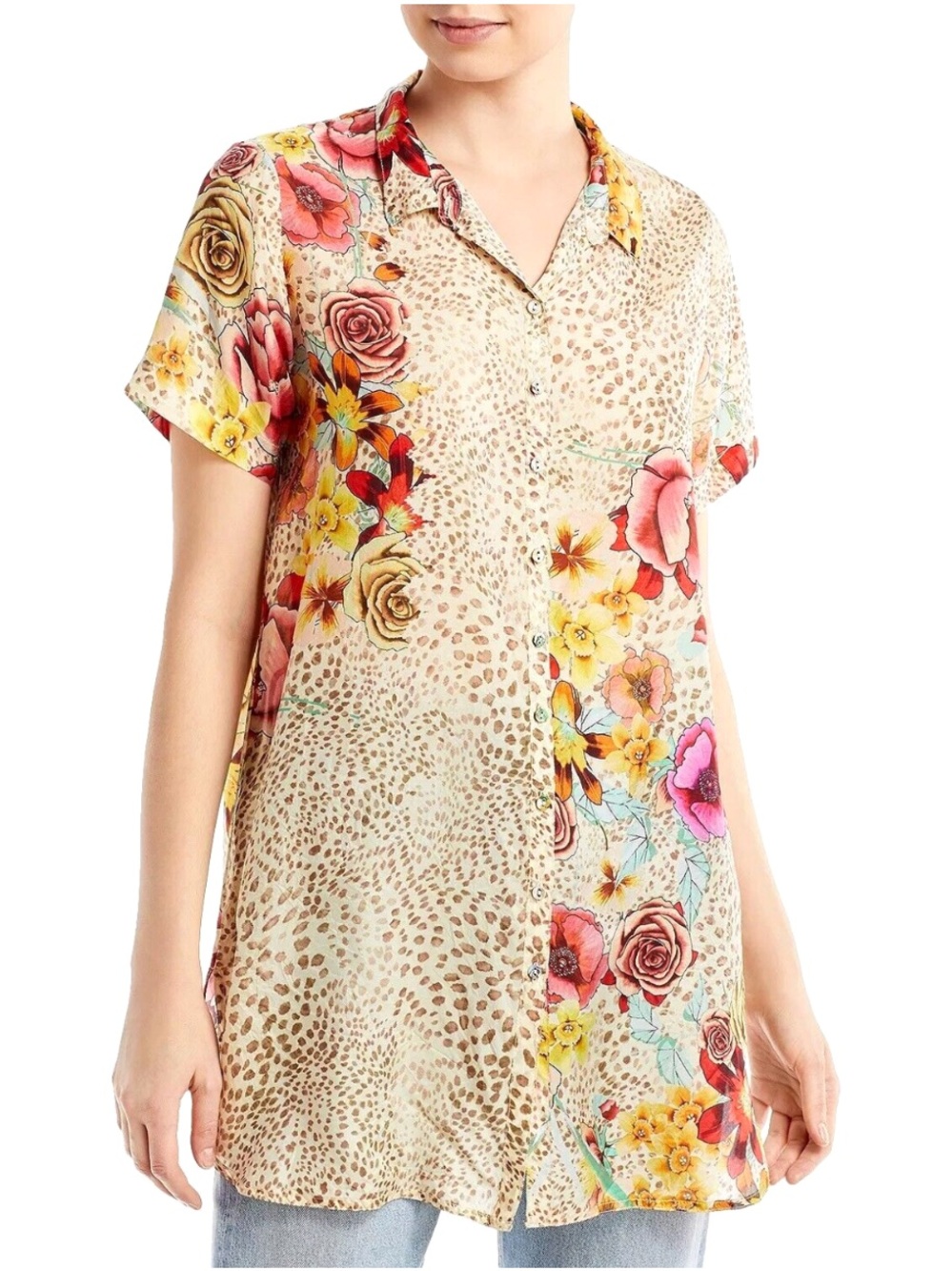 JOHNNY WAS Hera Calia Boho Silk Button Up Tunic Blouse sz M
